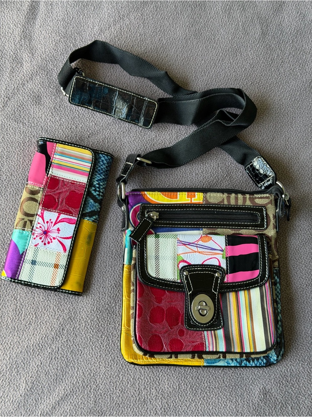 Y2K Patchwork Crossbody Bag with Matching Wallet